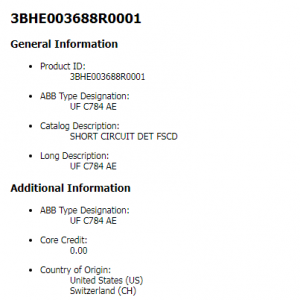 ABB UF C784 AE 3BHE003688R0001 KORTSLUTNING DET FSCD